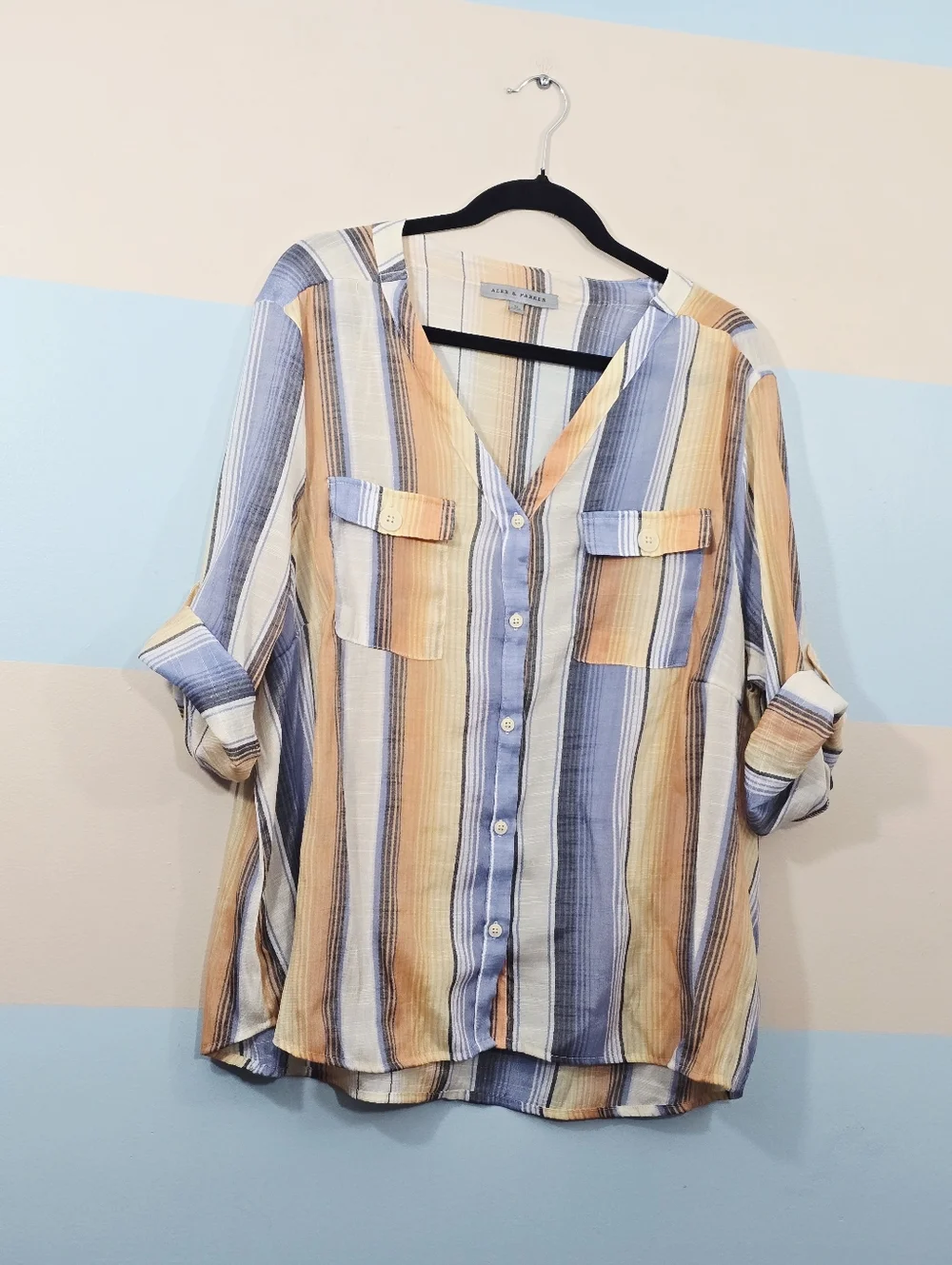 Alex & Parker Plus Sizel Stripe Button-Down Shirt in Blue and Tan - Picture 3 of 7